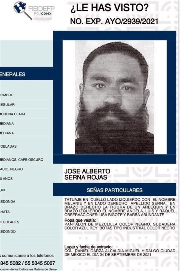 De acuerdo con los familiares, el 4 de septiembre pasado José Alberto Serna fue detenido por policías de la SSC, a partir de lo cual no supieron de él.