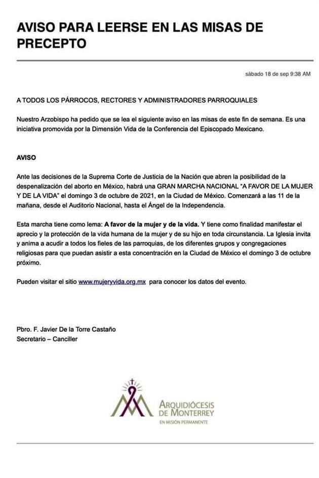 La circular está firmada por Javier De la Torre Castaño, secretario de la Arquidiócesis de Monterrey.