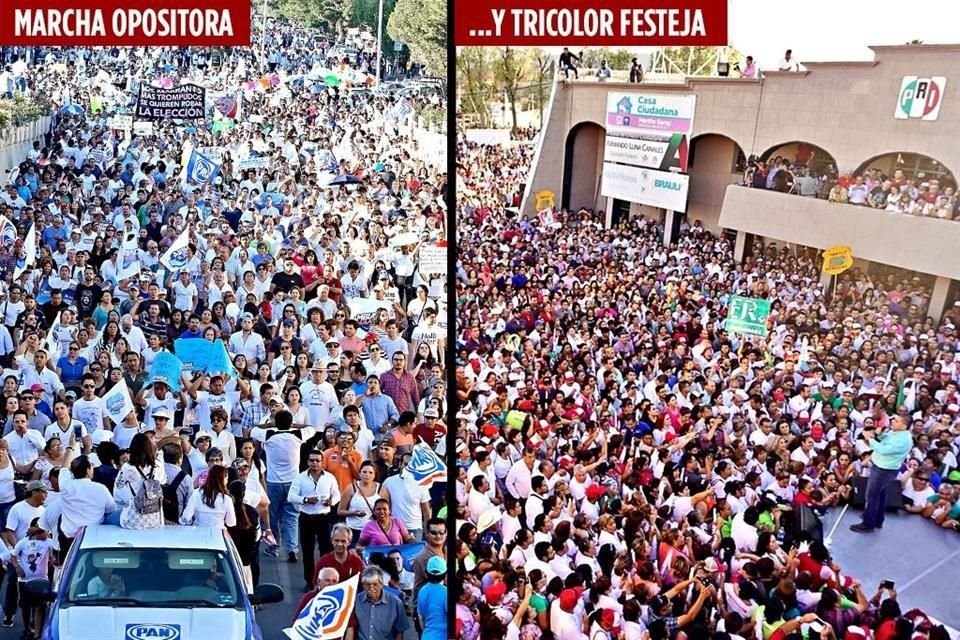 Miguel Riquelme encabez celebracin masiva en sede del PRI-Coahuila, a la misma hora que panistas marcharon contra resultado de eleccin.