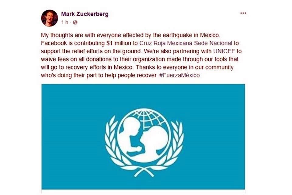 'Mis pensamientos están con todos los afectados por el terremoto en México', escribió Mark Zuckerberg en su perfil de la red social.