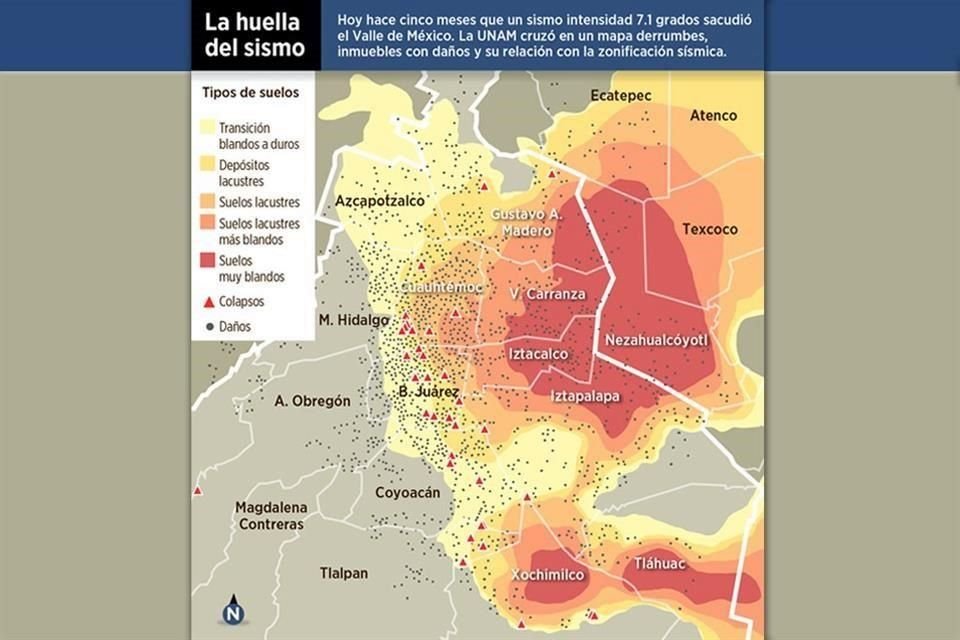 Hace cinco meses que un sismo intensidad 7.1 grados sacudi el Valle de Mxico; la UNAM cruz en un mapa derrumbes, inmuebles con daos y su relacin con la zonificacin ssmica.