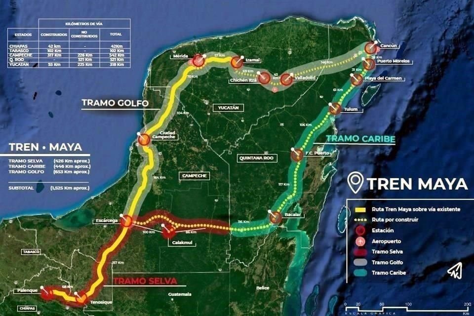 El Tren Maya pasará por territorio de cinco estados del sureste: Tabasco, Campeche, Yucatán, Quintana Roo y Chiapas.
