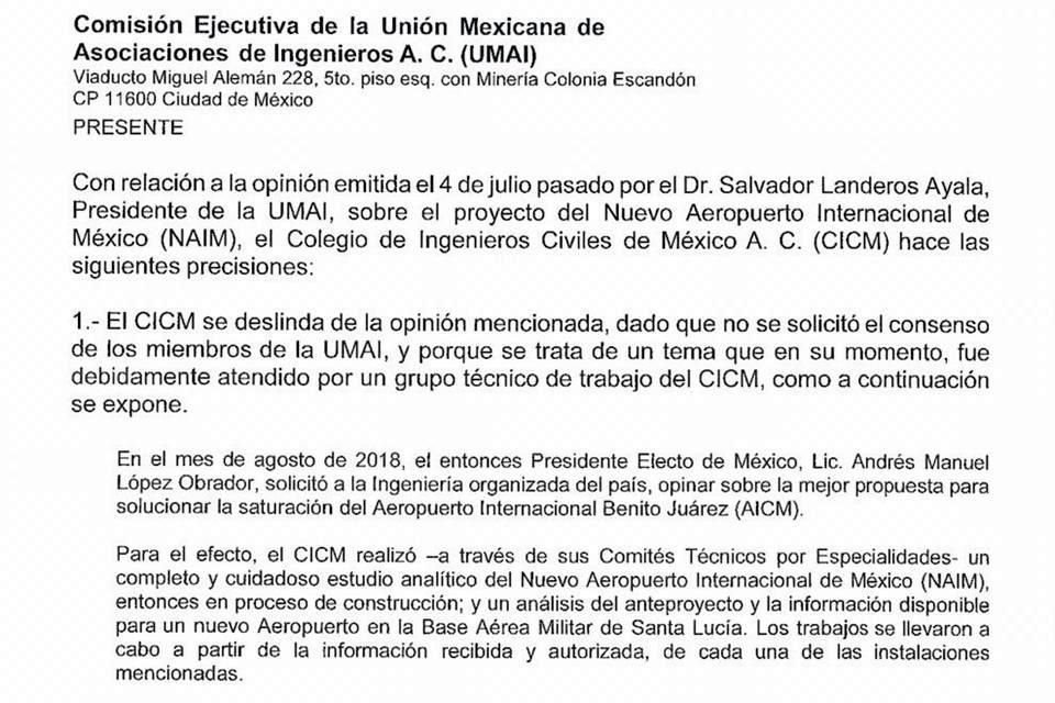 El CICM dirigió el lunes 8 de julio un oficio a la UMAI en el que se deslinda de la opinión de Salvador Landeros Ayala.