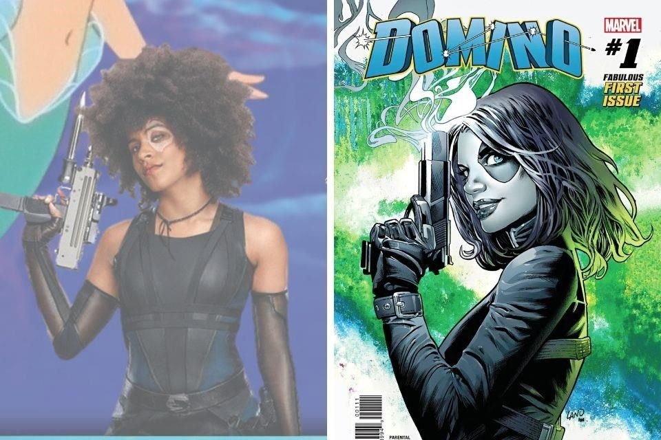 Zazie Beetz como Domino en 'Deadpool 2'. En el cómic, Domino es una mutante albina con ojos azules, que tiene una marca negra en su ojo izquierdo. En la cinta, además de la actriz, la marca es blanca.