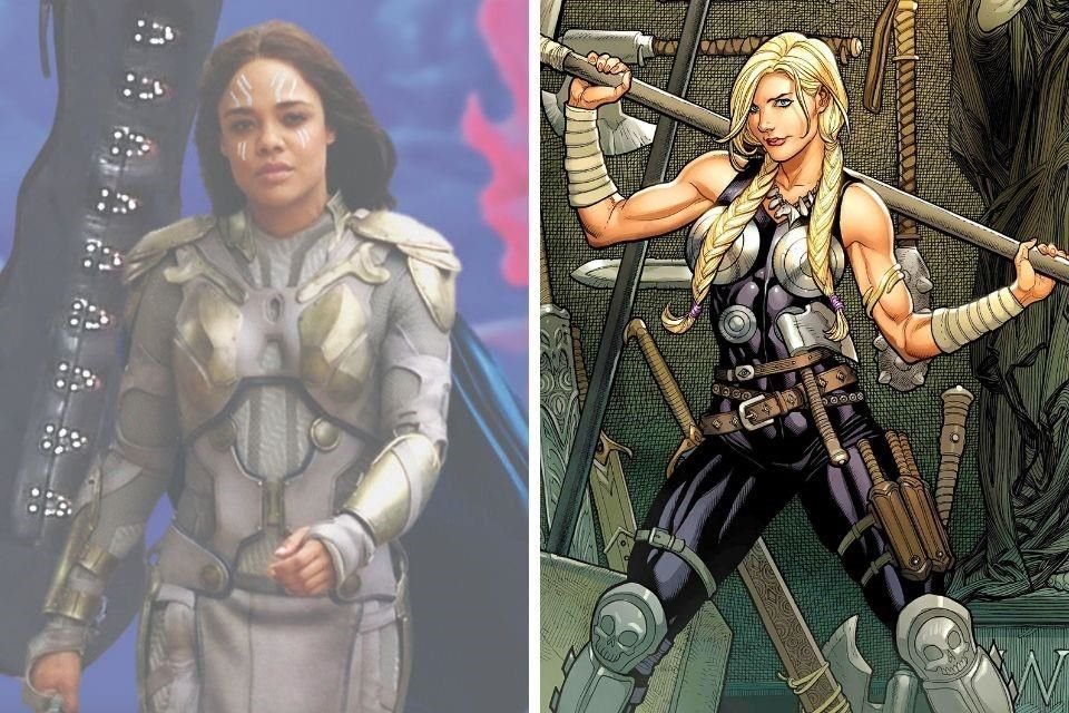 Tessa Thompson como Valkyrie en 'Thor: Ragnarok'. En la historia, es una guerrera nrdica, de piel blanca y cabello rubio, que monta un pegaso.