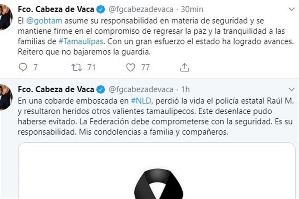 El Gobernador Francisco Javier Cabeza de Vaca informó sobre el ataque en su cuenta de Twitter y afirmó que la Federación debe comprometerse con la seguridad.
