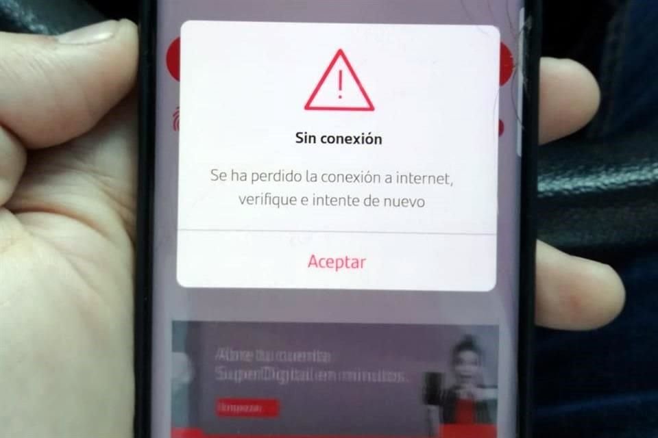 La app muestra una supuesta falla en la conexión a internet.