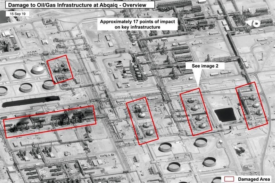 Imágenes satelitales obtenidas por AP parecen mostrar daños en el centro de la instalación petrolera saudí atacada.