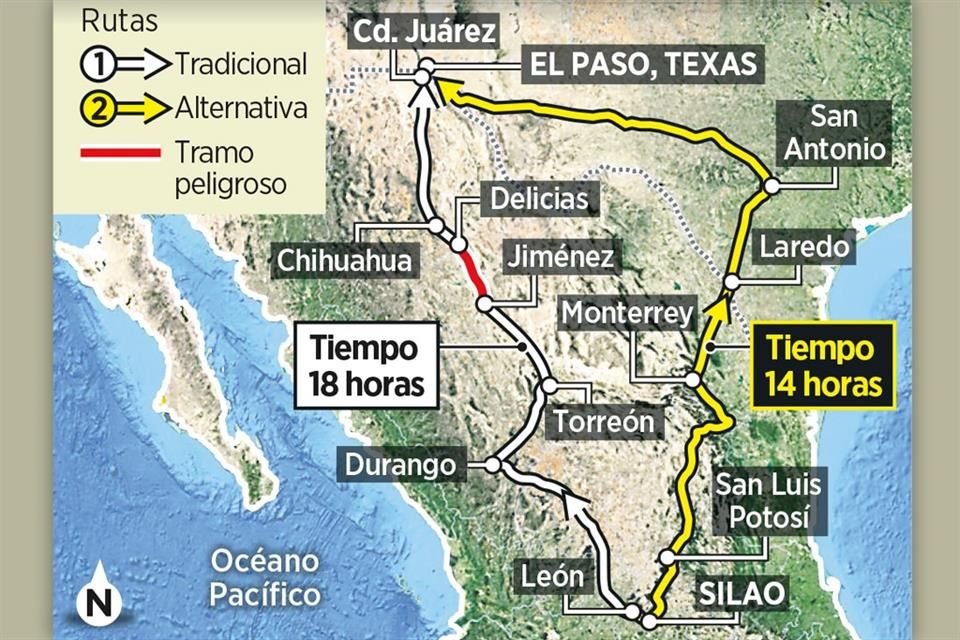 CAMINO PELIGROSO. Una de las rutas comunes para mover mercancía es la de Silao-Ciudad Juárez, pero es insegura y lenta si se llega al mismo destino subiendo por Laredo y recorriendo EU.
