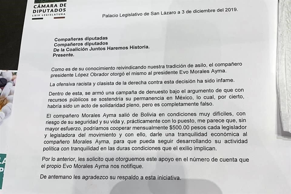 Por medio de una misiva dirigida a los 319 diputados de Morena, PT y PES, Fernández Noroña propone donar para Evo Morales 500 pesos al mes.