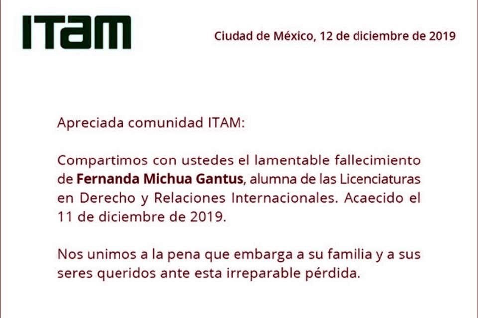 El ITAM informó el deceso de la joven Fernanda Michua; usuarios refieren que fue suicidio y piden atender los temas de salud mental.