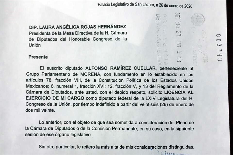 El diputado Alfonso Ramírez Cuéllar solicitó licencia a la Mesa Directiva de San Lázaro para poder desempeñarse como presidente de Morena.