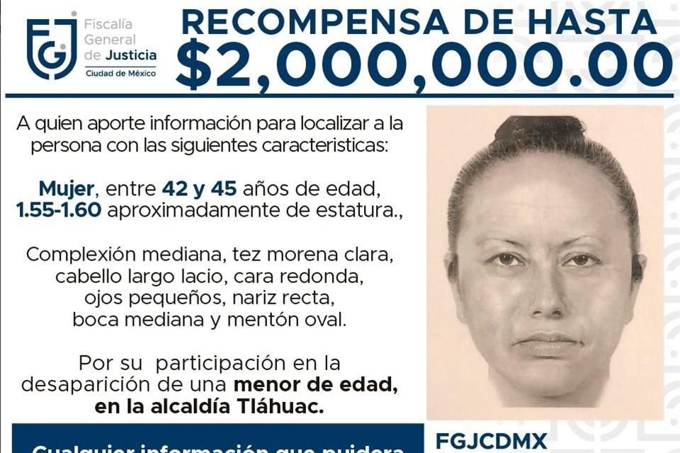 Junto con un mensaje en el que se ofrecen 2 mdp por información, comenzó a difundirse un retrato hablado de la mujer que sustrajo a Fátima; entre 42 y 45 años y tez morena clara.