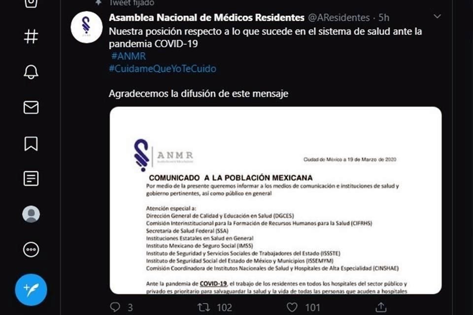 La Asamblea Nacional de Médicos Residentes emitió un comunicado.