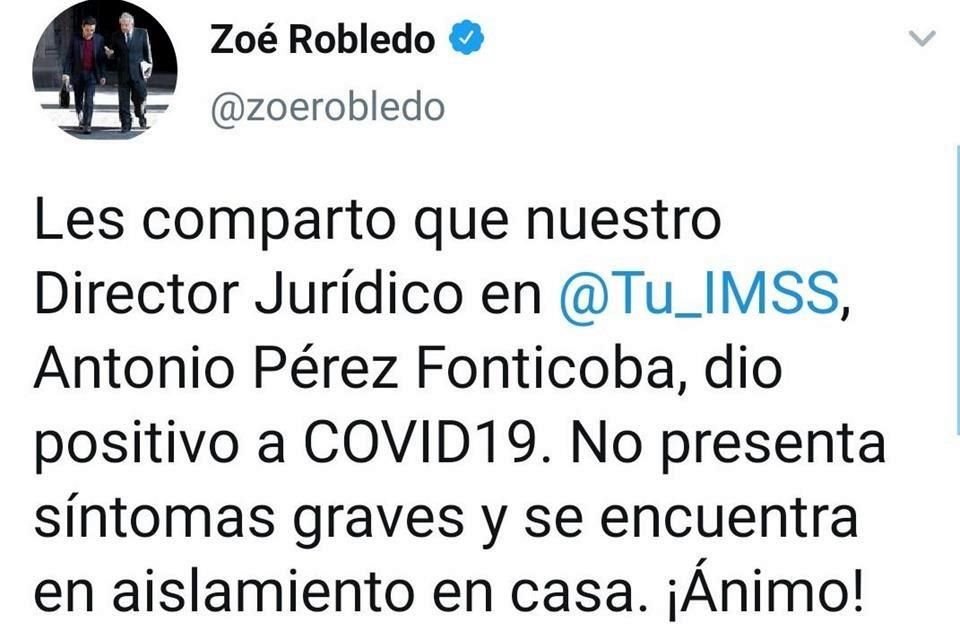 El director del Instituto indicó, a través de su cuenta de Twitter, que Pérez Fonticoba no tiene síntomas graves y está aislado en su casa.