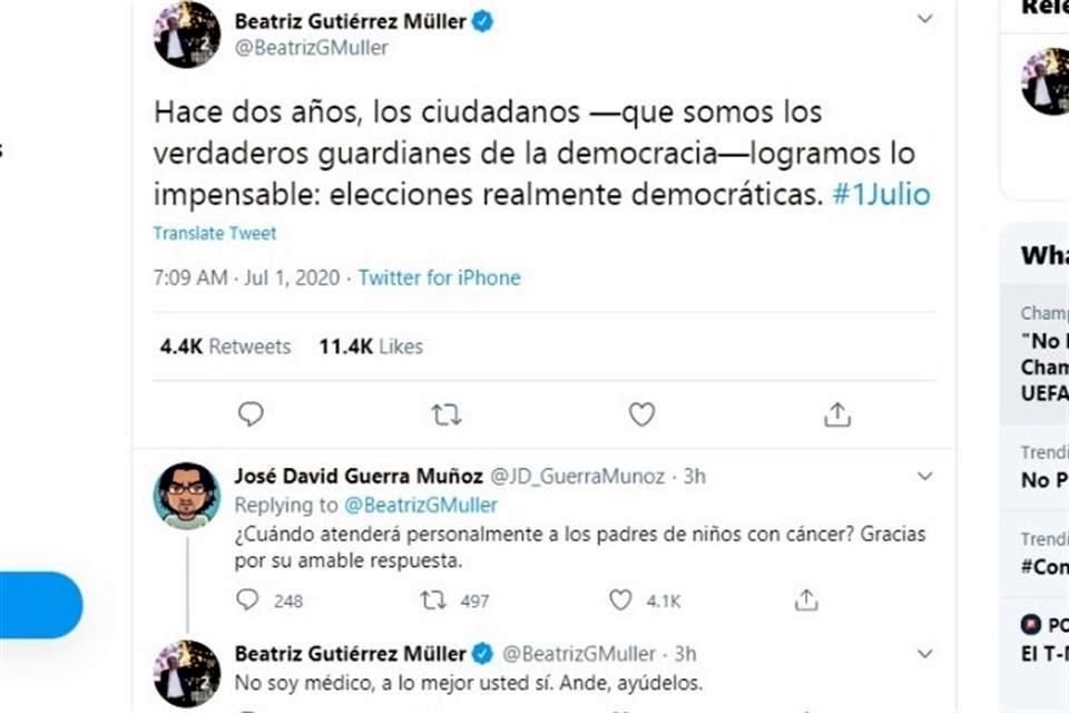 Las respuestas de Beatriz Gutiérrez Müller, esposa del Presidente López Obrador, a tuits sobre cuándo atenderá a padres de niños con cáncer y la labor del INE generaron polémica en redes.