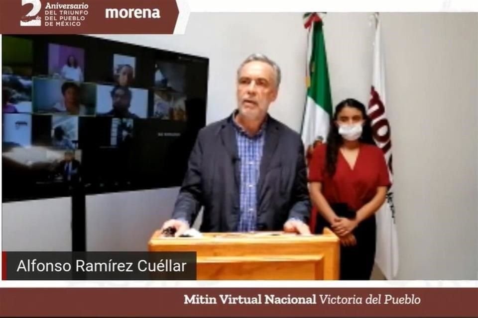 Ramírez Cuéllar en el mitin virtual para conmemorar los dos años del triunfo electoral del partido.