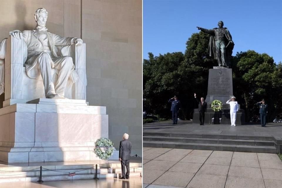 Al iniciar actividades en Washington, el Presidente AMLO depositó ofrendas florales en los monumentos a Lincoln y Juárez.