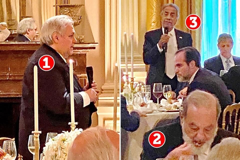 En la cena participaron empresarios como Carlos Bremer (1), Carlos Slim (2) y Miguel Rincón (3), compradre de AMLO y dueño de Bio Pappel.