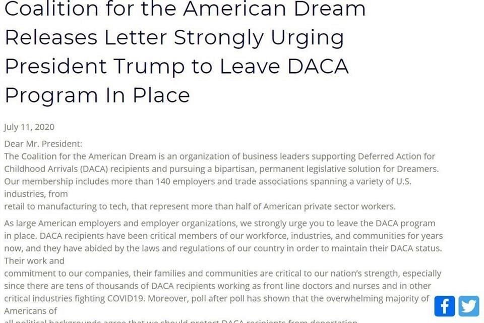 Coalición por el Sueño Americano, que incluye a Amazon, Google y Apple, pidieron a Trump no tocar DACA, programa que protege a dreamers.