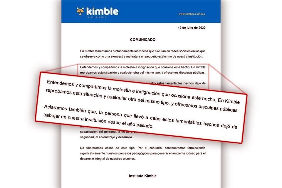 En una carta el colegio Kimble, en el sector de La Rioja, ofreció disculpas públicas y aseguró que la educadora ya no está en el plantel.