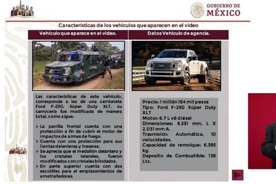 El titular de Sedena mostró los vehículos que se muestran en uno de los videos del CJNG.