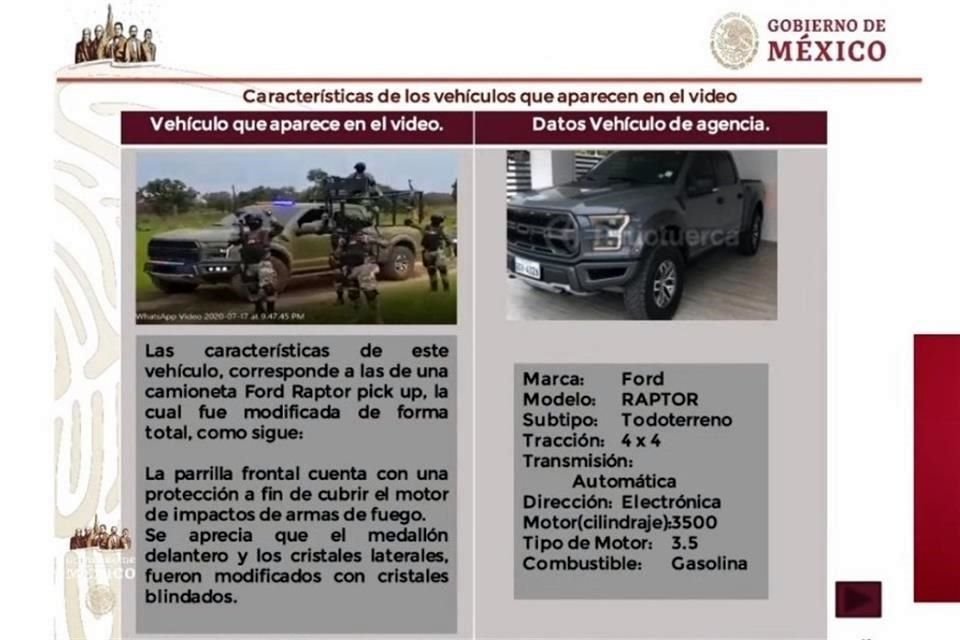 El titular de Sedena mostró los vehículos que se muestran en uno de los videos del CJNG.