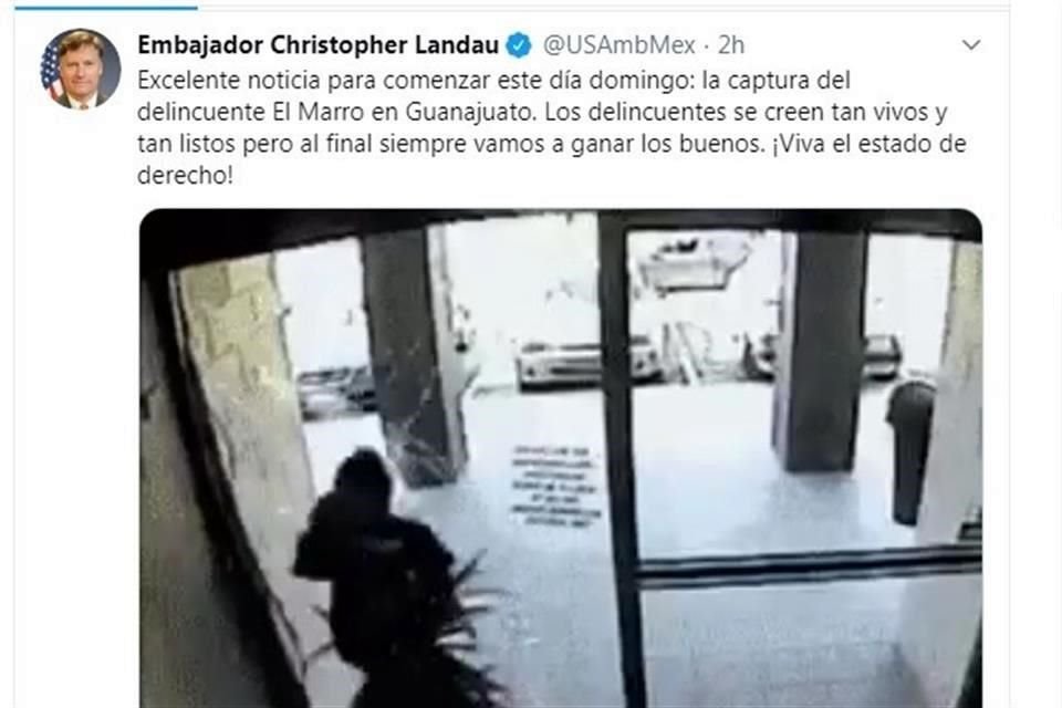 'Excelente noticia para comenzar este día domingo: la captura del delincuente El Marro en Guanajuato', escribió en su cuenta oficial de Twitter.