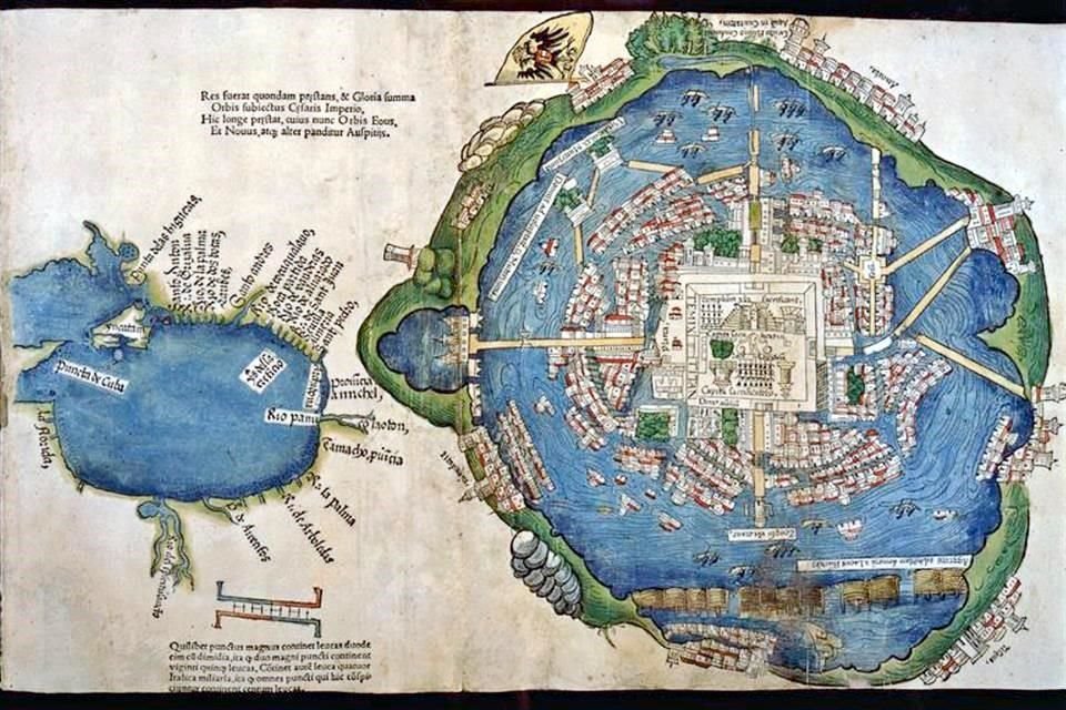 Mapa de México-Tenochtitlan enviado por Cortés al Rey de España, trazado entre 1519 y 1521; a la izquierda, el Golfo de México.