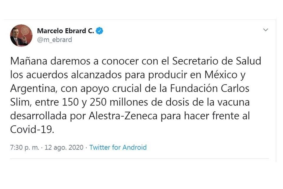 El Canciller Marcelo Ebrard anunció el acuerdo entre ambos países, en colaboración con la Fundación Slim.