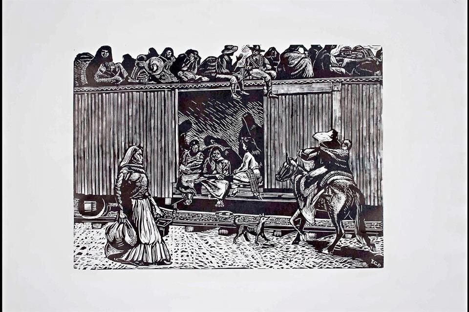 Soldaderas (Tren revolucionario), grabado realizado por Ignacio Aguirre Camacho.