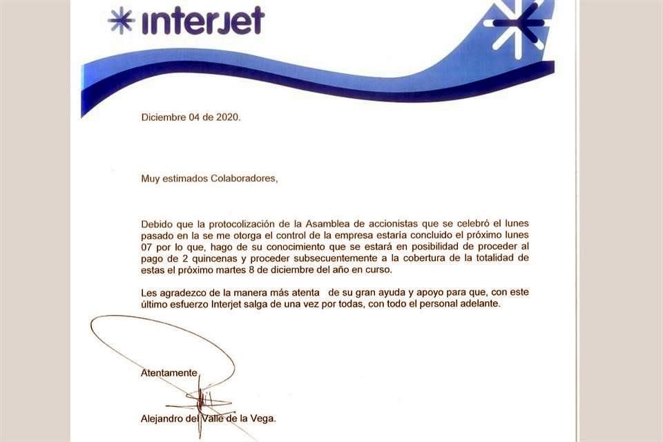Carta enviada a los empleados de Interjet.