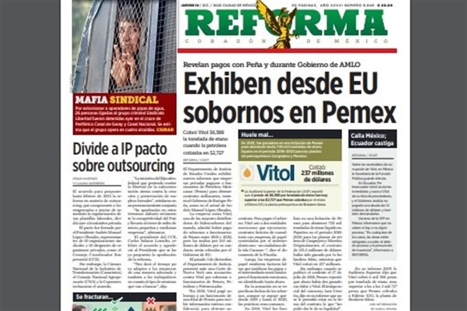 REFORMA publicó sobre los sobornos que la empresa Vitol entregó a funcionarios de Pemex durante el actual Gobierno y el de Peña Nieto.
