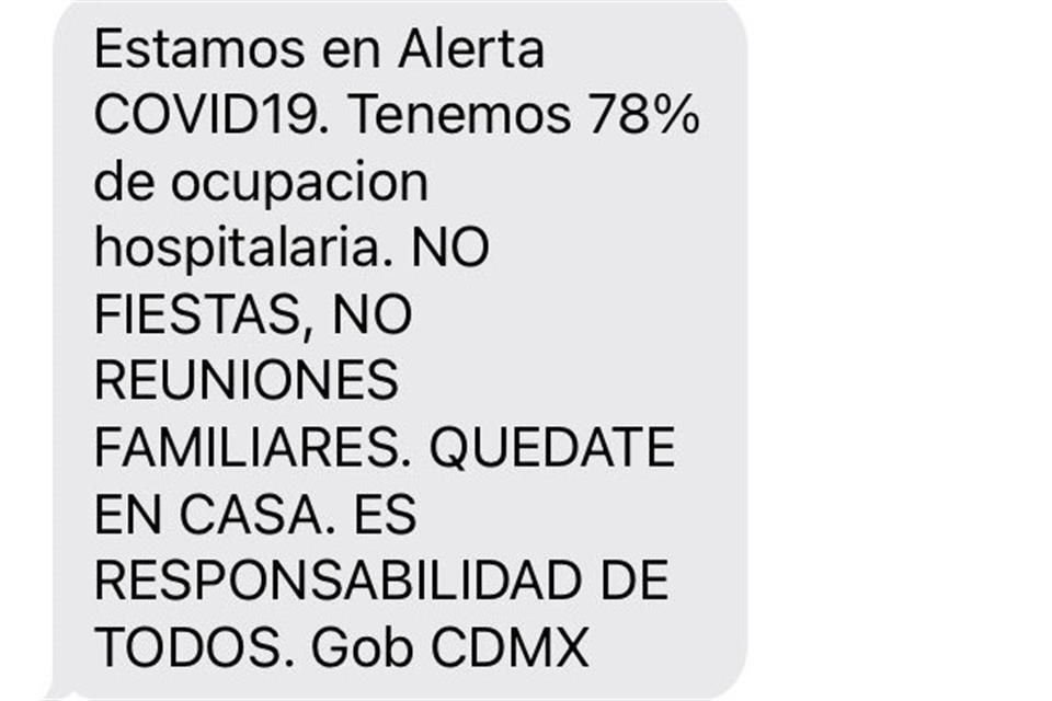 Mensaje enviado por las autoridades capitalinas a usuarios de celulares en CDMX.