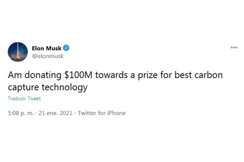 Elon Musk entregará un premio de 100 millones de dólares a la mejor tecnología de captura de carbono.