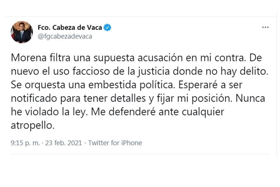 El Gobernador de Tamaulipas afirmó que nunca ha violado la ley.