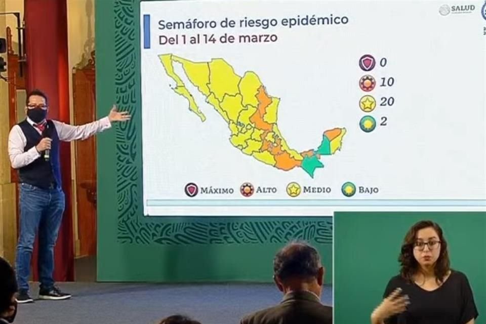En actualización del semáforo epidemiológico, la Ssa ubicó a 10 entidades en color naranja, 20 en amarillo y a Chiapas y Campeche en verde.