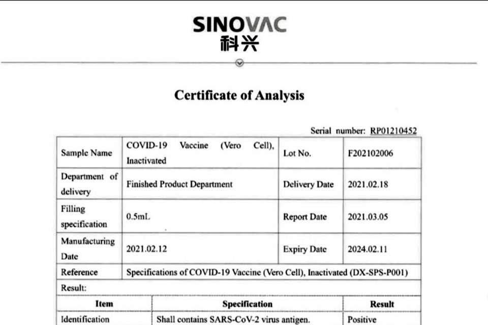 Certificado de calidad de las vacunas de Sinovac.