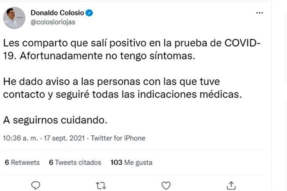 A 13 días de su toma de protesta como Alcalde de Monterrey, Luis Donaldo Colosio informó que dio positivo a Covid-19.