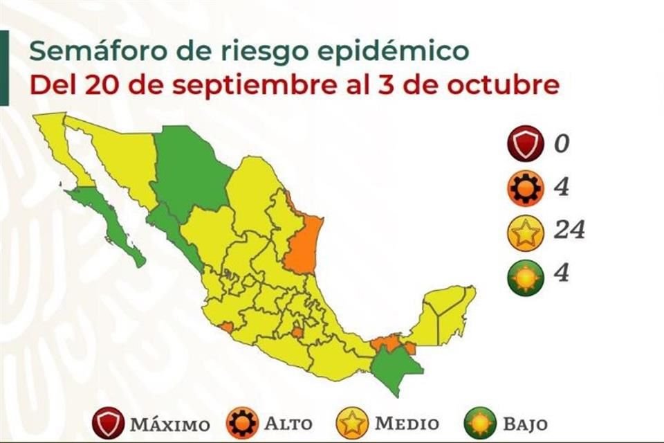 En actualización del semáforo epidemiológico, Ssa ubicó a 24 entidades en amarillo, entre ellas Edomex y NL, 4 en naranja y 4 en verde.