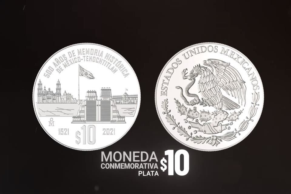 Moneda de plata que conmemora los '500 años de la memoria histórica de México-Tenochtitlan'.