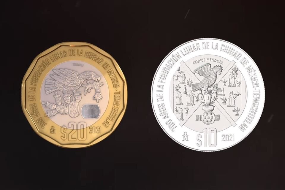 Monedas que conmemoran los '700 años de la fundación lunar de la ciudad de México-Tenochtitlan'.