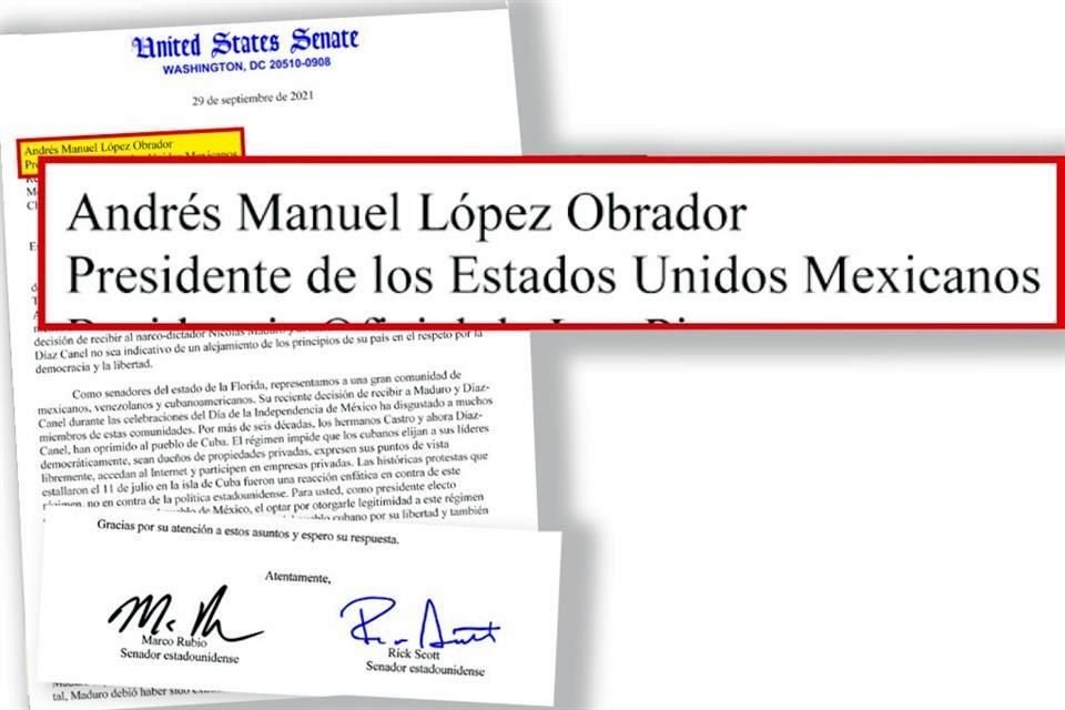 La carta de los senadores Rubio y Scott fue enviada a través de la Embajada de México.