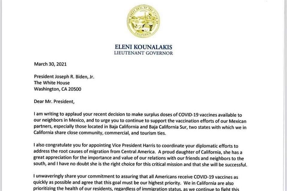 Carlos Mendoza Davis, Gobernador de BCS, comparti carta de Eleni Kounalakis, Vicegobernadora de California.