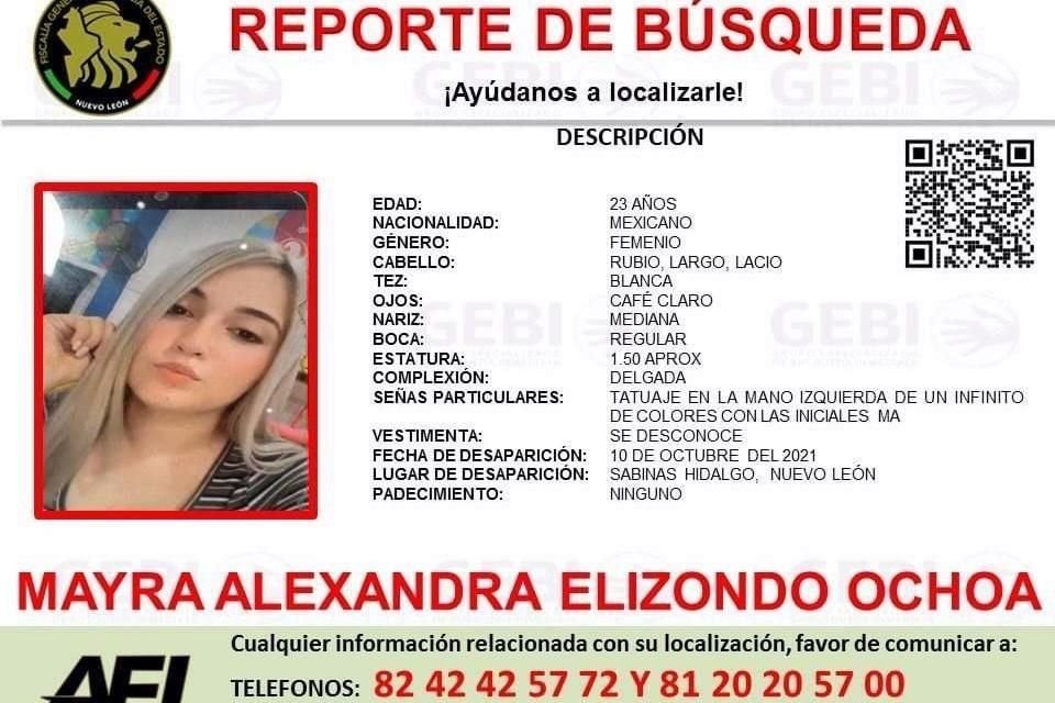Mayra Alexandra Elizondo Ochoa, de 23 años, desapareció desde el domingo y se emitió una ficha de búsqueda.