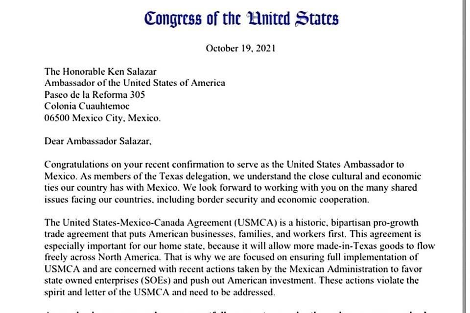 La carta enviada por los congresistas.