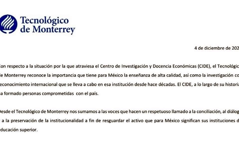 El Tecnológico de Monterrey y Sistema Universitario Jesuita llamaron a autoridades a dialogar con comunidad del CIDE para resolver conflicto.