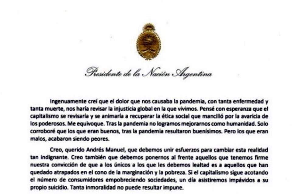 En una carta, el presidente de Argentina propone al mexicano crear un eje en la región contra el capitalismo.