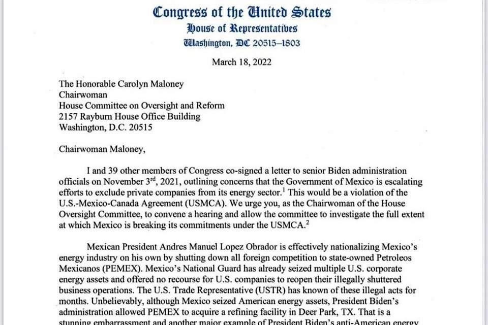 Congresistas estadounidenses pidieron al Presidente Joe Biden abrir una investigación a México por incumplir los compromisos del T-MEC.