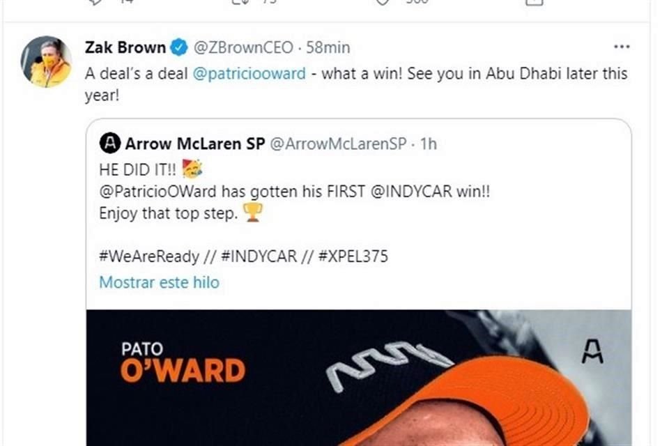 Así reaccionó Zak Brown, director ejecutivo de McLaren Racing, tras el triunfo de Pato O'Ward.
